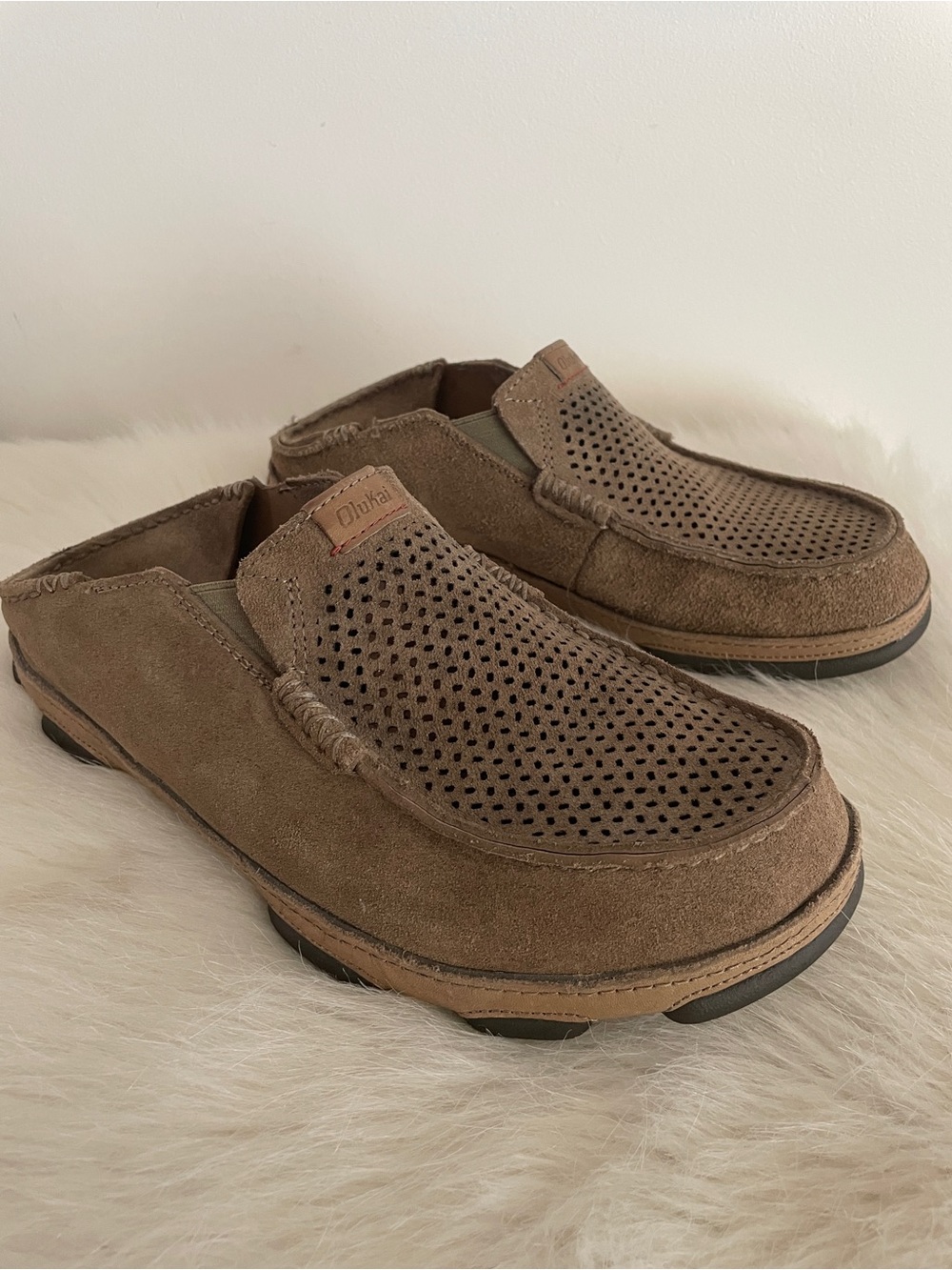 Olukai brown men’s loafers slip on fold down